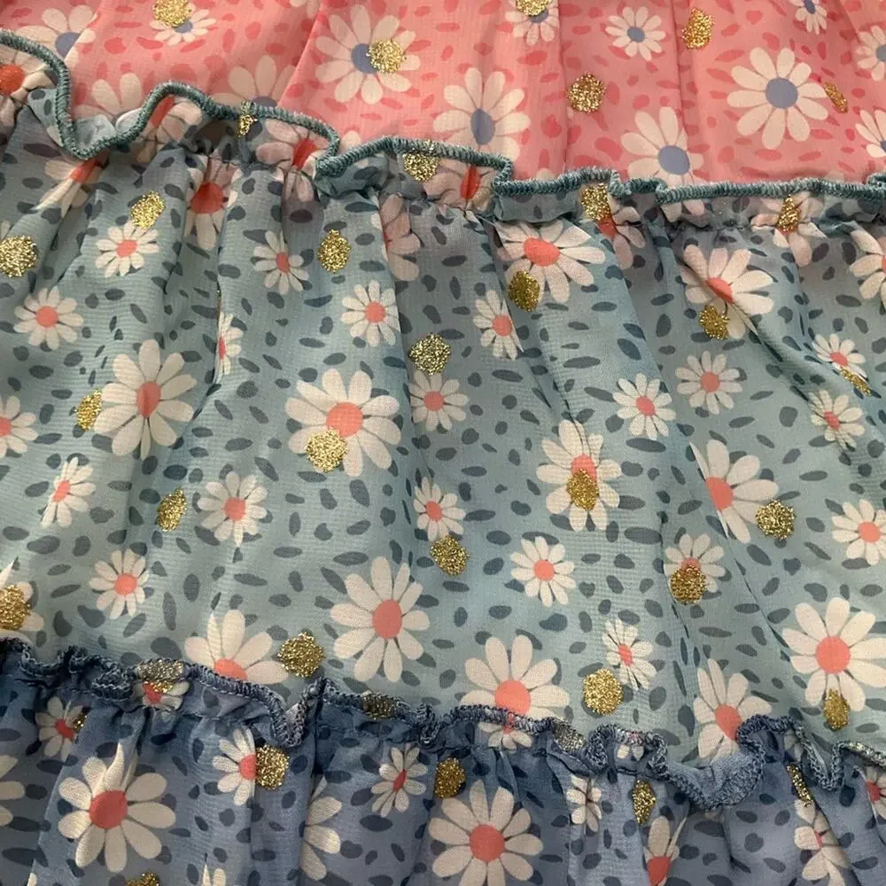 Zunie Girls Denim Daisy Floral Tiered Dress Size XS NWT